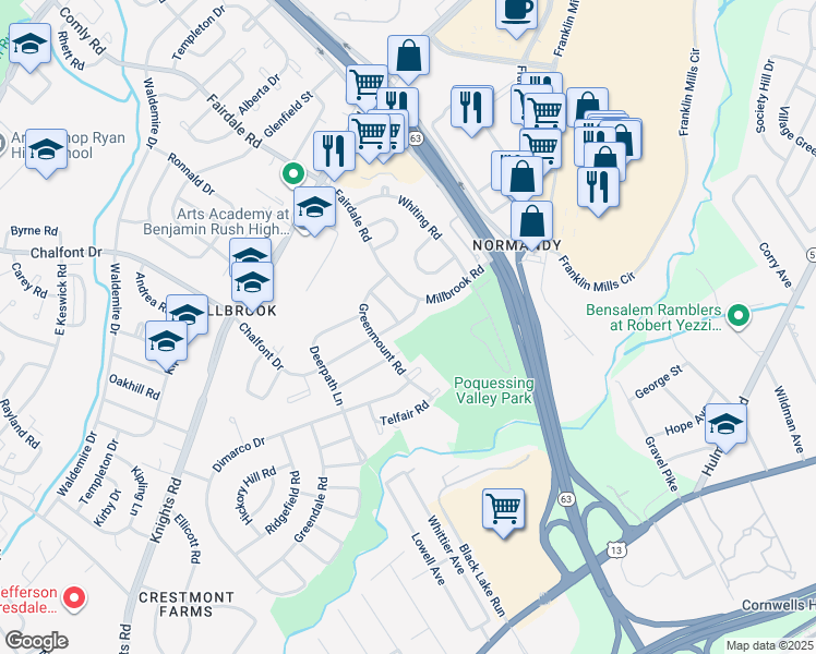 map of restaurants, bars, coffee shops, grocery stores, and more near 11913 Millbrook Road in Philadelphia