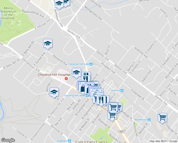 map of restaurants, bars, coffee shops, grocery stores, and more near 35 Summit Street in Philadelphia