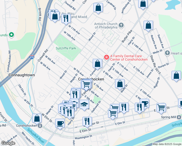 map of restaurants, bars, coffee shops, grocery stores, and more near in Conshohocken