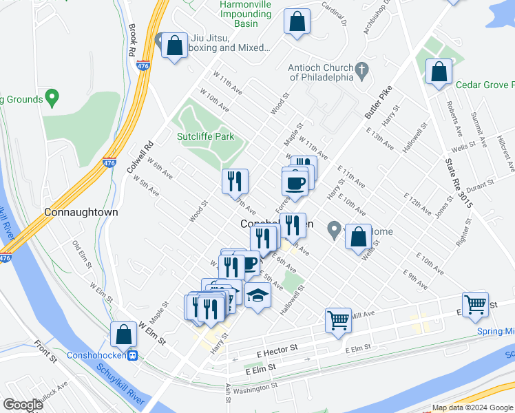 map of restaurants, bars, coffee shops, grocery stores, and more near 132 West 7th Avenue in Conshohocken