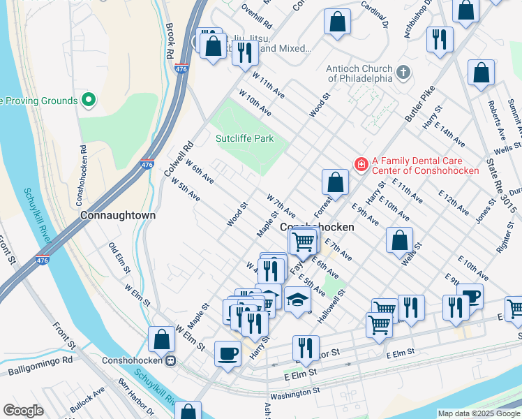 map of restaurants, bars, coffee shops, grocery stores, and more near 618 Maple Street in Conshohocken