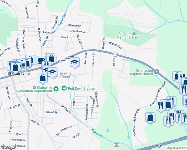 map of restaurants, bars, coffee shops, grocery stores, and more near 119 John Avenue in Saint Clairsville