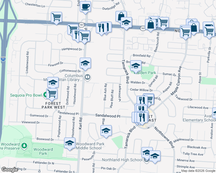 map of restaurants, bars, coffee shops, grocery stores, and more near 5504 Blue Ash Road in Columbus