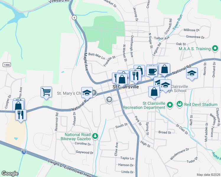 map of restaurants, bars, coffee shops, grocery stores, and more near 187 West Main Street in Saint Clairsville