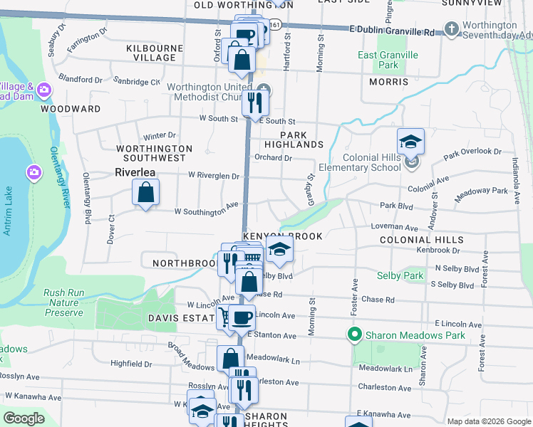 map of restaurants, bars, coffee shops, grocery stores, and more near 5737 Bromley Avenue in Worthington