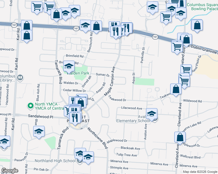 map of restaurants, bars, coffee shops, grocery stores, and more near 5447 Maple Canyon Avenue in Columbus