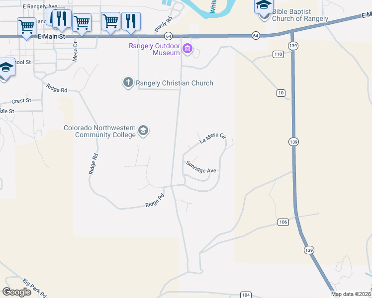map of restaurants, bars, coffee shops, grocery stores, and more near 1473 La Mesa Circle in Rangely