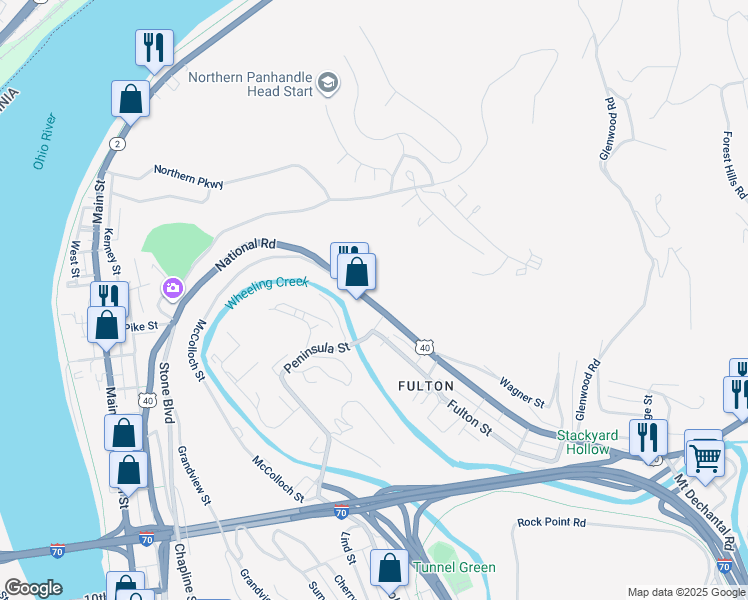 map of restaurants, bars, coffee shops, grocery stores, and more near 357 National Road in Wheeling