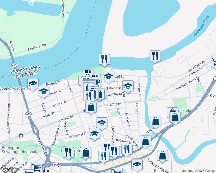 map of restaurants, bars, coffee shops, grocery stores, and more near 131 East Union Street in Burlington