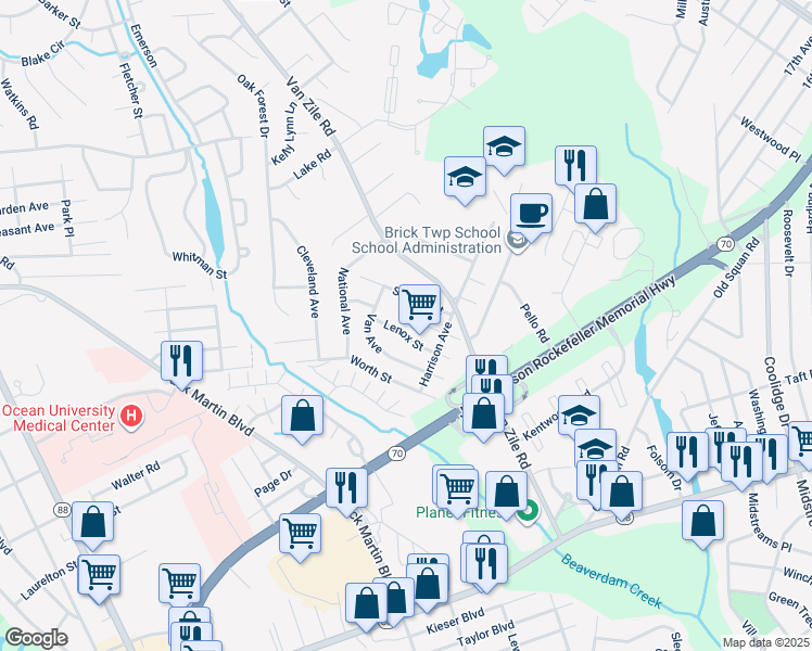 map of restaurants, bars, coffee shops, grocery stores, and more near 293 Lenox Street in Brick Township