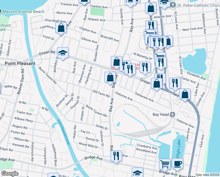 map of restaurants, bars, coffee shops, grocery stores, and more near 1229 Bay Avenue in Bay Head