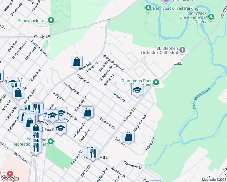 map of restaurants, bars, coffee shops, grocery stores, and more near 729 Arnold Street in Philadelphia