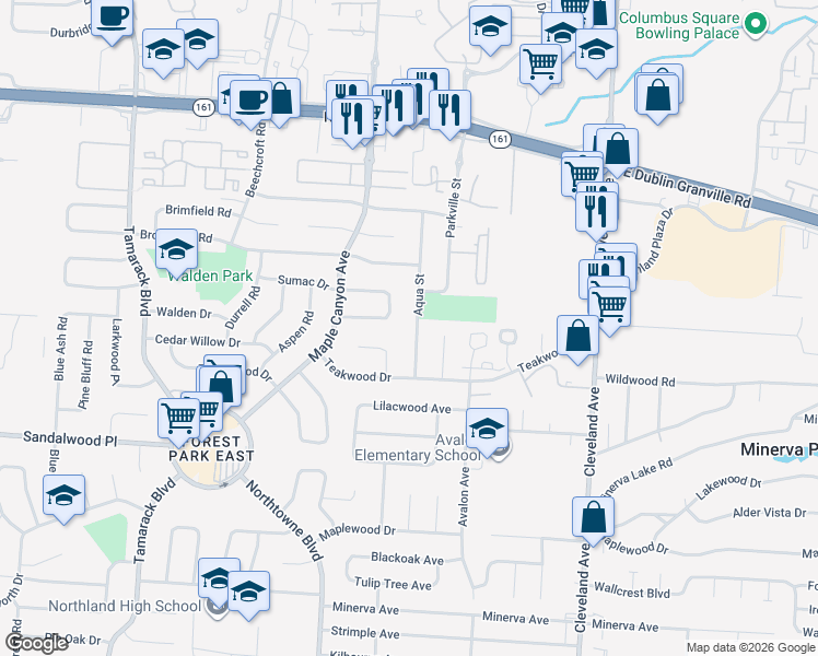 map of restaurants, bars, coffee shops, grocery stores, and more near 5427 Aqua Street in Columbus