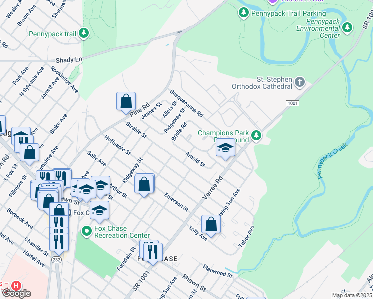 map of restaurants, bars, coffee shops, grocery stores, and more near 729 Arnold Street in Philadelphia