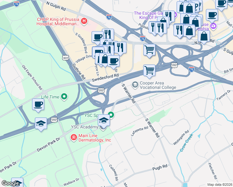 map of restaurants, bars, coffee shops, grocery stores, and more near 151 South Warner Road in Wayne