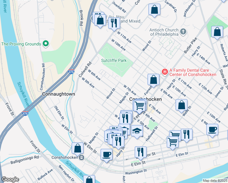 map of restaurants, bars, coffee shops, grocery stores, and more near 247 West 6th Avenue in Conshohocken