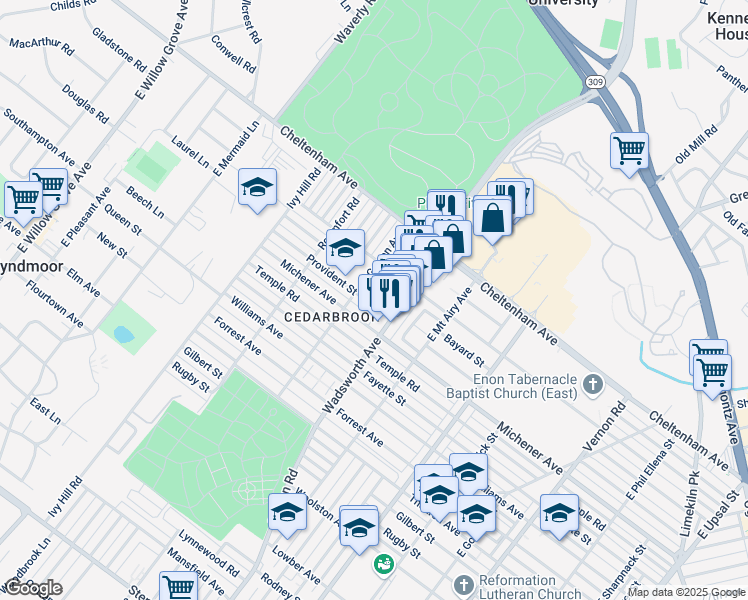 map of restaurants, bars, coffee shops, grocery stores, and more near 8425 Provident Street in Philadelphia