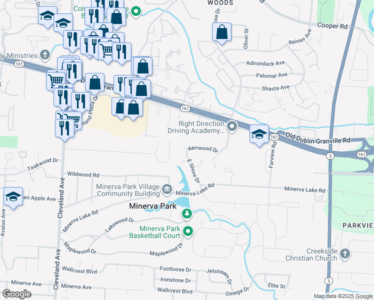 map of restaurants, bars, coffee shops, grocery stores, and more near 4133 North Lake Court in Columbus