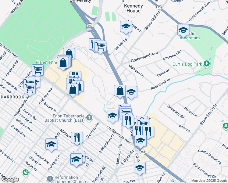 map of restaurants, bars, coffee shops, grocery stores, and more near 322 Ross Court in Wyncote
