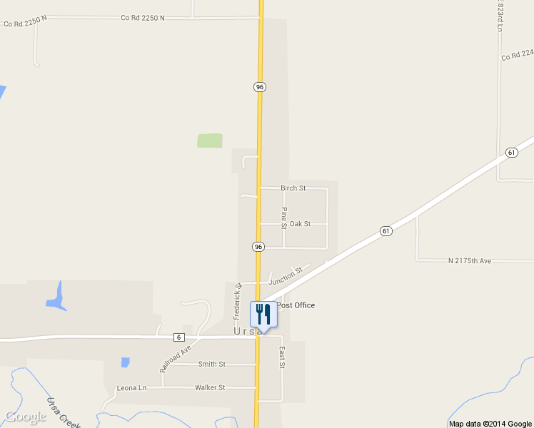 map of restaurants, bars, coffee shops, grocery stores, and more near 221 North Warsaw Street in Ursa