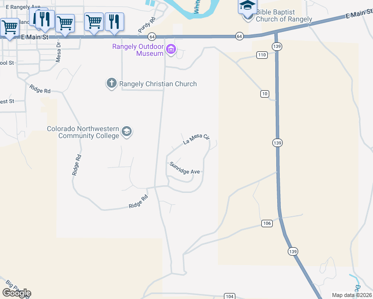 map of restaurants, bars, coffee shops, grocery stores, and more near 512 Hilltop Drive in Rangely