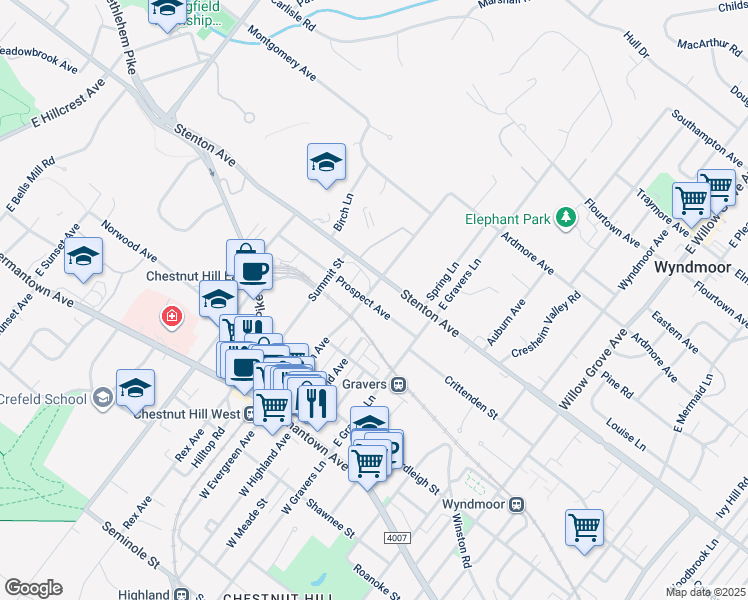 map of restaurants, bars, coffee shops, grocery stores, and more near 400 East Evergreen Avenue in Philadelphia