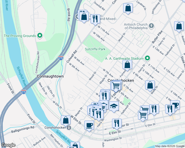 map of restaurants, bars, coffee shops, grocery stores, and more near 303 West 6th Avenue in Conshohocken