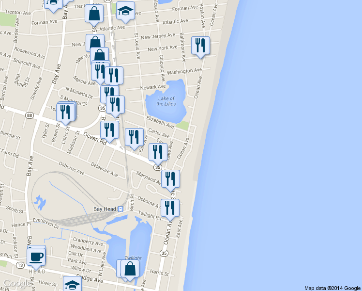 map of restaurants, bars, coffee shops, grocery stores, and more near 1601-1603 Ocean Ave in Point Pleasant Beach