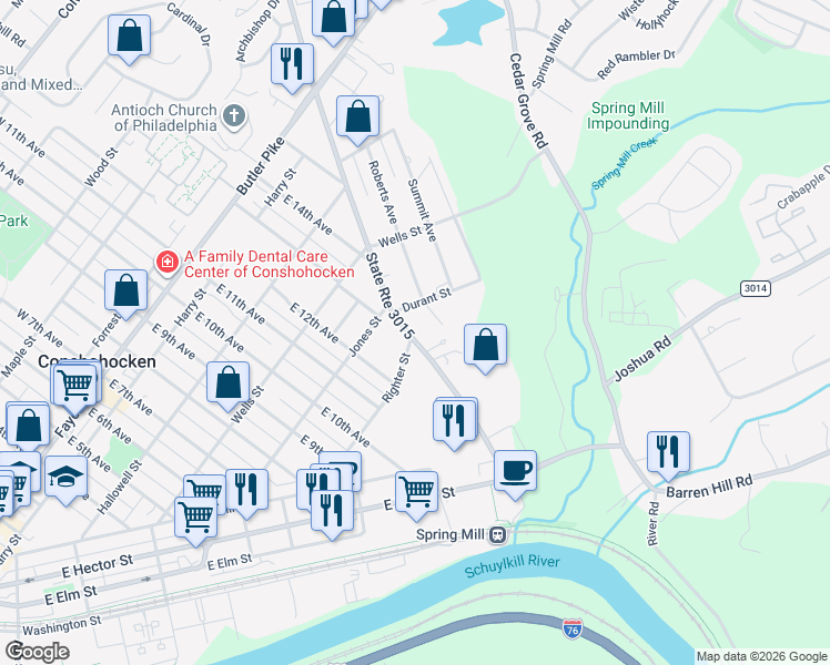 map of restaurants, bars, coffee shops, grocery stores, and more near 428 State Route 3015 in Conshohocken