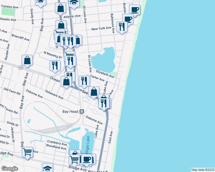map of restaurants, bars, coffee shops, grocery stores, and more near 1601-1603 Ocean Avenue in Point Pleasant Beach