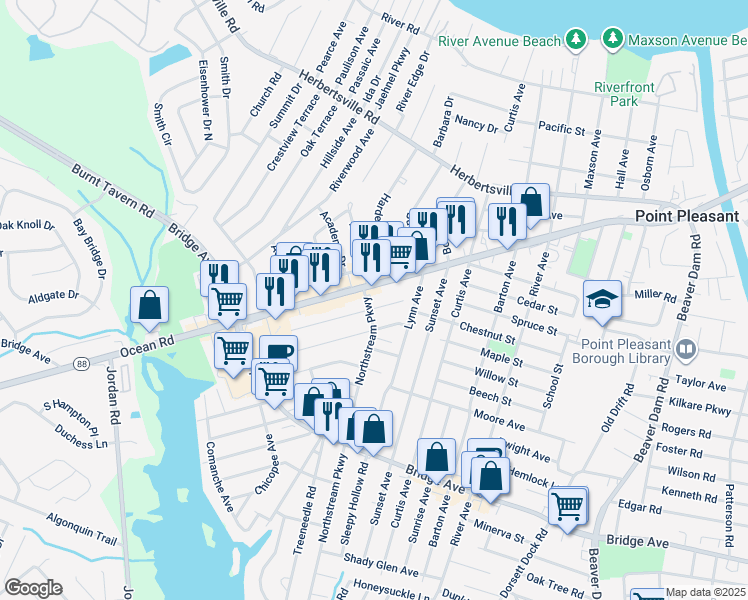 map of restaurants, bars, coffee shops, grocery stores, and more near 806 Northstream Parkway in Point Pleasant