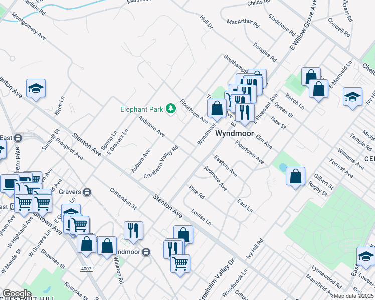 map of restaurants, bars, coffee shops, grocery stores, and more near 8103 Ardmore Avenue in Wyndmoor