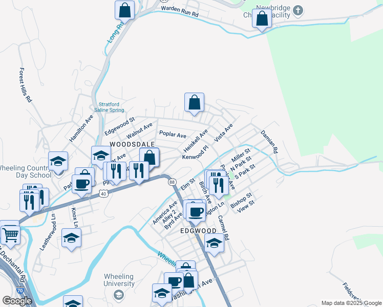 map of restaurants, bars, coffee shops, grocery stores, and more near 5 Kenwood Place in Wheeling