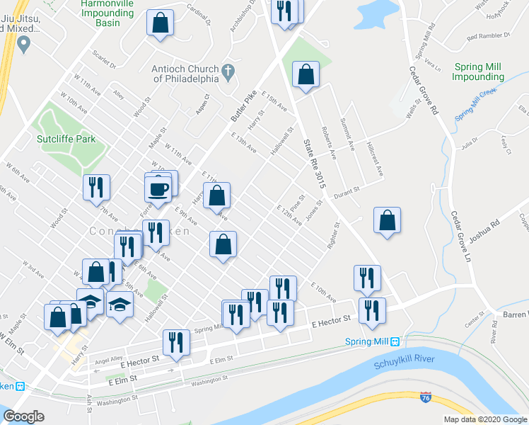 map of restaurants, bars, coffee shops, grocery stores, and more near 240 East 11th Avenue in Conshohocken
