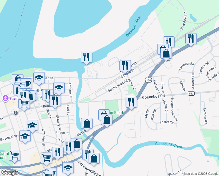map of restaurants, bars, coffee shops, grocery stores, and more near 727 Bordentown Road in Burlington
