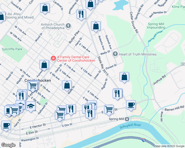 map of restaurants, bars, coffee shops, grocery stores, and more near 330 East 12th Avenue in Conshohocken