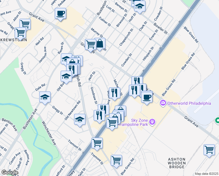 map of restaurants, bars, coffee shops, grocery stores, and more near 1859 Beyer Avenue in Philadelphia