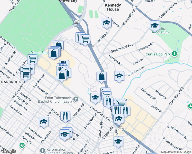 map of restaurants, bars, coffee shops, grocery stores, and more near 322 Ross Court in Wyncote