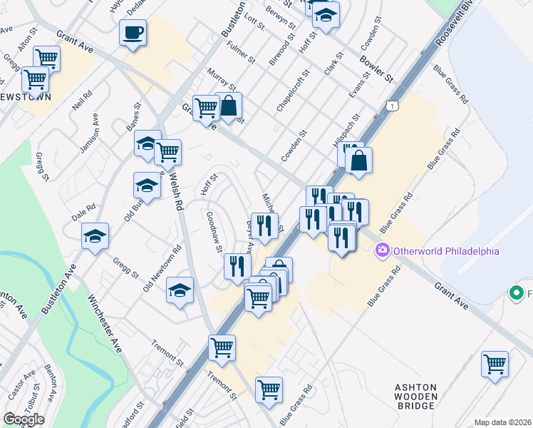 map of restaurants, bars, coffee shops, grocery stores, and more near 2210 Michener Street in Philadelphia