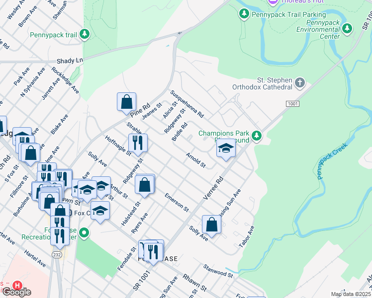 map of restaurants, bars, coffee shops, grocery stores, and more near 727 Arnold Street in Philadelphia