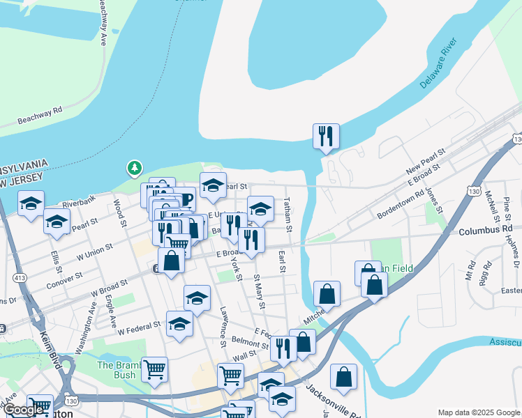 map of restaurants, bars, coffee shops, grocery stores, and more near 311 East Union Street in Burlington
