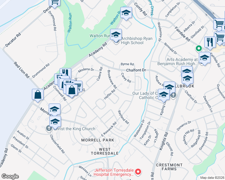 map of restaurants, bars, coffee shops, grocery stores, and more near 10827 Heflin Road in Philadelphia