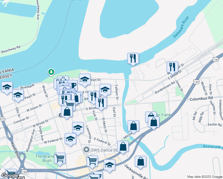 map of restaurants, bars, coffee shops, grocery stores, and more near 339 East Union Street in Burlington