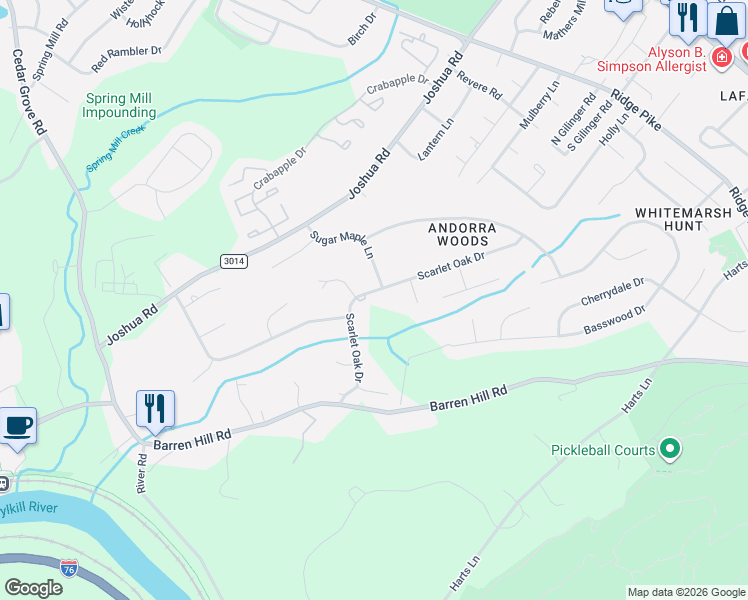 map of restaurants, bars, coffee shops, grocery stores, and more near 19 Scarlet Oak Dr in Lafayette Hill