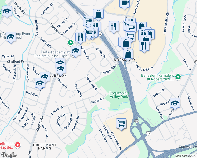 map of restaurants, bars, coffee shops, grocery stores, and more near 11913 Millbrook Road in Philadelphia