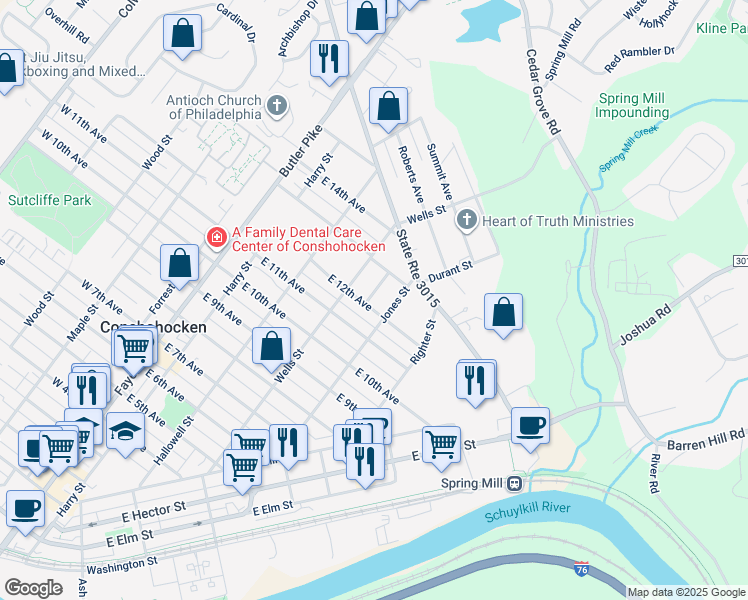 map of restaurants, bars, coffee shops, grocery stores, and more near 330 East 12th Avenue in Conshohocken