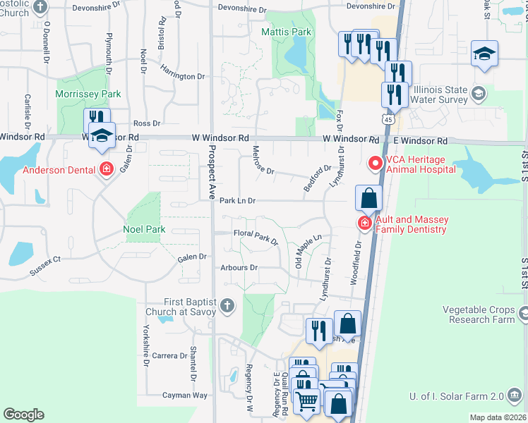map of restaurants, bars, coffee shops, grocery stores, and more near 7 Greenfield Court in Savoy