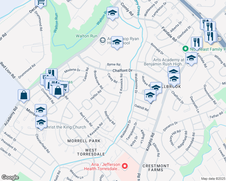 map of restaurants, bars, coffee shops, grocery stores, and more near 10902 Carey Place in Philadelphia