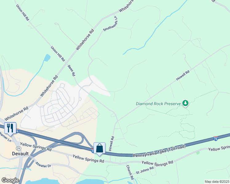 map of restaurants, bars, coffee shops, grocery stores, and more near 19 Great Woods Lane in Malvern