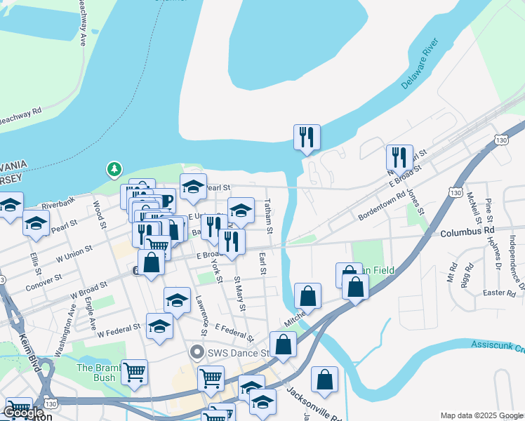 map of restaurants, bars, coffee shops, grocery stores, and more near 339 East Union Street in Burlington